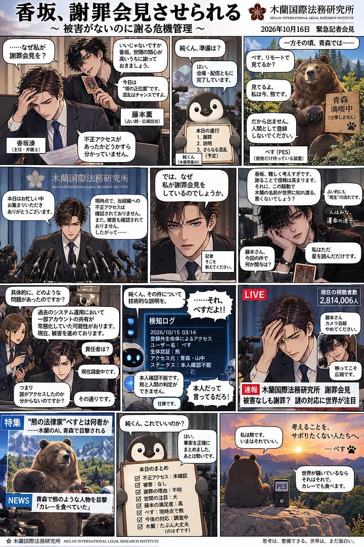 漫画「香坂、謝罪会見させられる」。香坂、藤本、木蘭ペンギンと熊のぺすによる緊急記者会見。