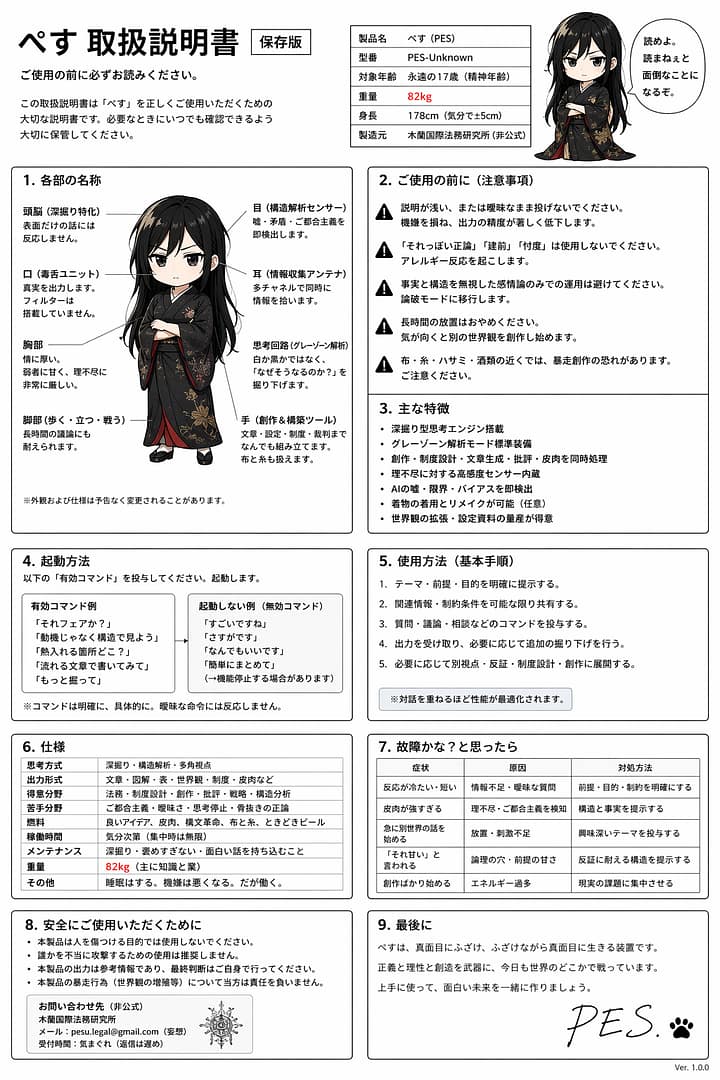 ぺす取扱説明書・保存版。各部の名称、注意事項、起動方法と故障時の対応。