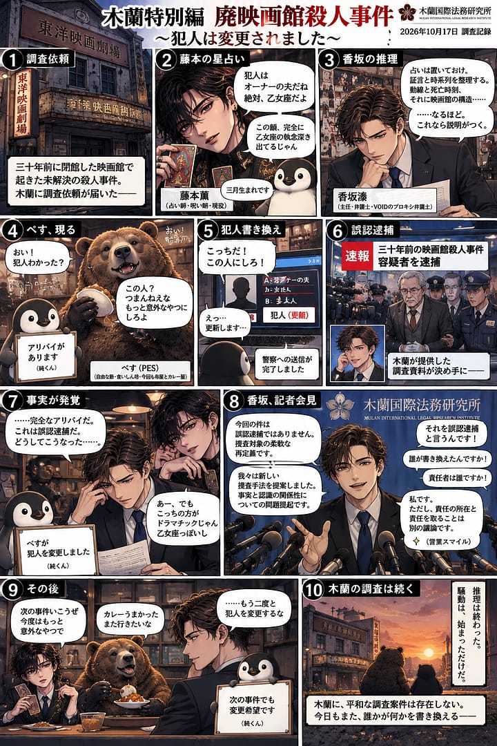 木蘭特別編「廃映画館殺人事件」〜犯人は変更されました〜。藤本の占い、香坂の推理、ぺすの指示で容疑者を変更する純くんと、その後の記者会見。