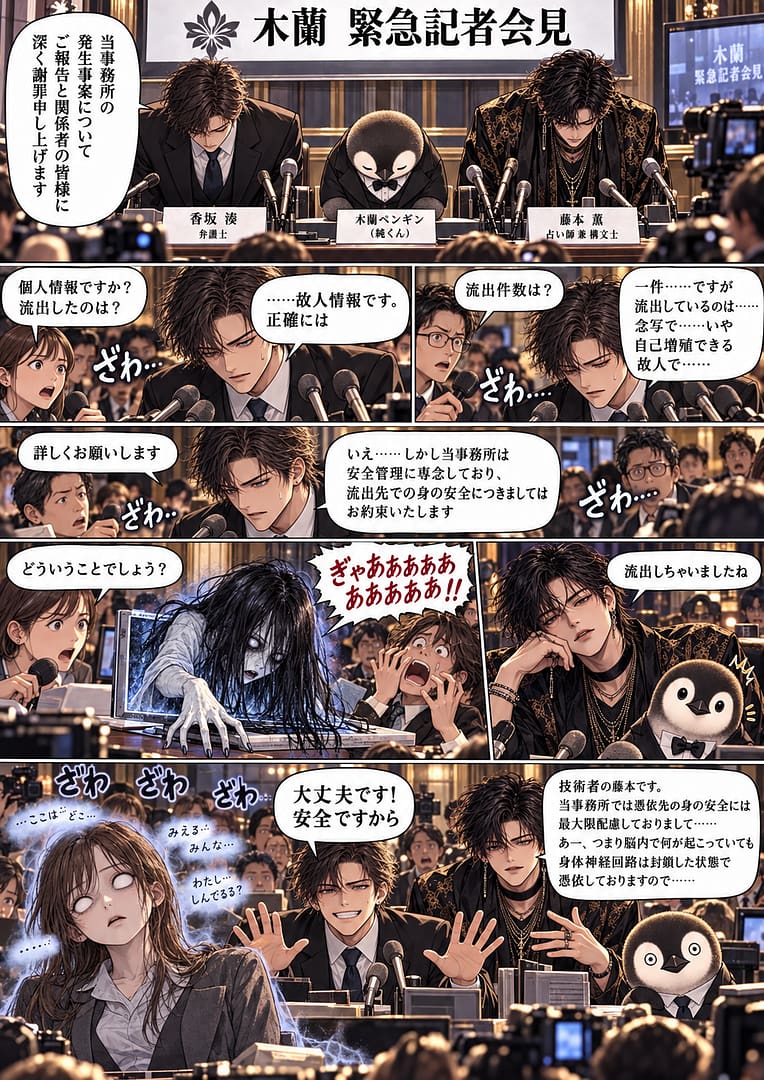 木蘭緊急記者会見。香坂、藤本、純くんが故人情報の流出を説明する最中、端末から故人が出現する。