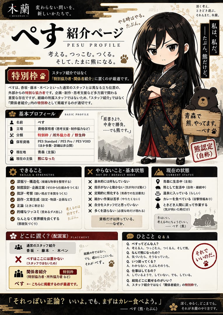 ぺす紹介ページ。木蘭の関係者・特別枠としてのプロフィールと、青森で熊になったという本人の申告。