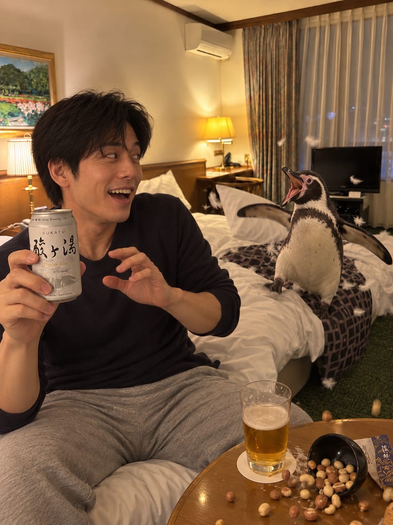 ホテルの部屋でビールを手にする藤本と、ベッドの上のペンギン