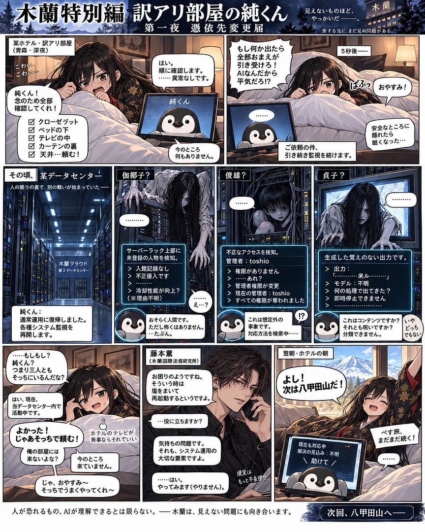 木蘭特別編「訳アリ部屋の純くん」第一夜・憑依先変更届。ホテルで眠るぺすと、データセンターの怪異に対応する純くん。