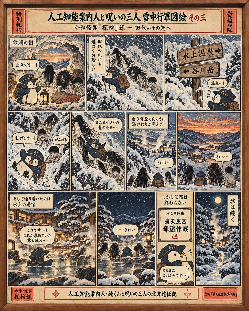 雪中行軍図絵 その三。田代の先へ進み、水上の湯宿へ向かう純くんと呪いの三人