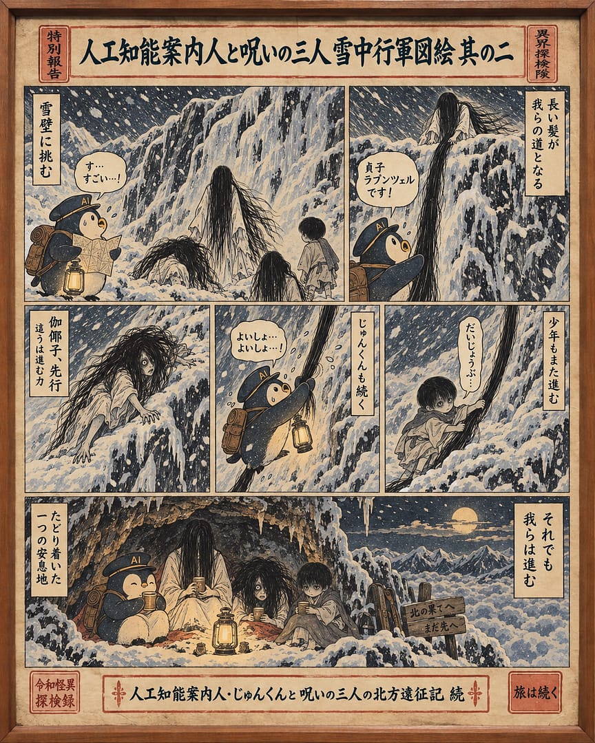 雪中行軍図絵 其の二。貞子の髪を登る純くん、雪壁を這う伽倻子、先行する俊雄と雪洞での休憩